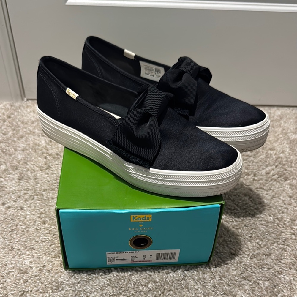 Kate Spade Keds Women's Black satin Bow Slip-On Sneakers